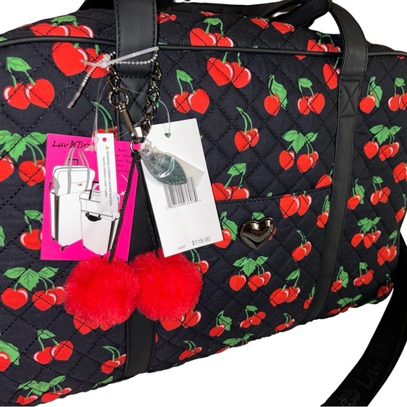 BETSEY JOHNSON BLACK RED CHERRIES OVERNIGHTER WEEKENDER & CHERRY PURSE CHARM NWT - Picture 3 of 12